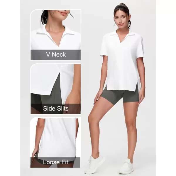 THE GYM PEOPLE Womens Loose fit Workout Polo Shirts Back Short Sleeve V Neck Tees Tops with Side SlitsWhite