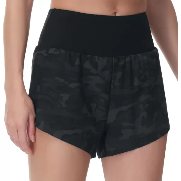 THE GYM PEOPLE Womens Quick Dry Running Shorts Mesh Liner High Waisted Tennis Workout Shorts Zipper PocketsCamo Black
