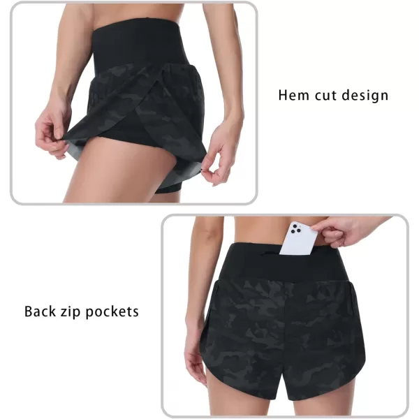THE GYM PEOPLE Womens Quick Dry Running Shorts Mesh Liner High Waisted Tennis Workout Shorts Zipper PocketsCamo Black