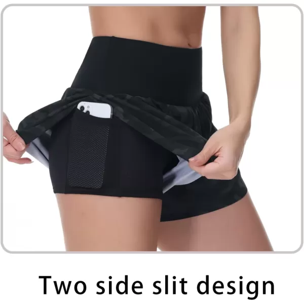 THE GYM PEOPLE Womens Quick Dry Running Shorts Mesh Liner High Waisted Tennis Workout Shorts Zipper PocketsCamo Black