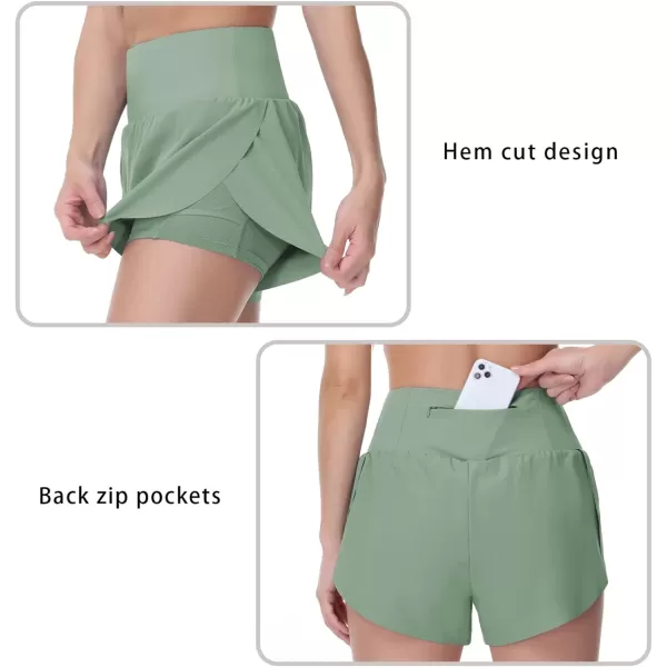 THE GYM PEOPLE Womens Quick Dry Running Shorts Mesh Liner High Waisted Tennis Workout Shorts Zipper PocketsJasmine Green