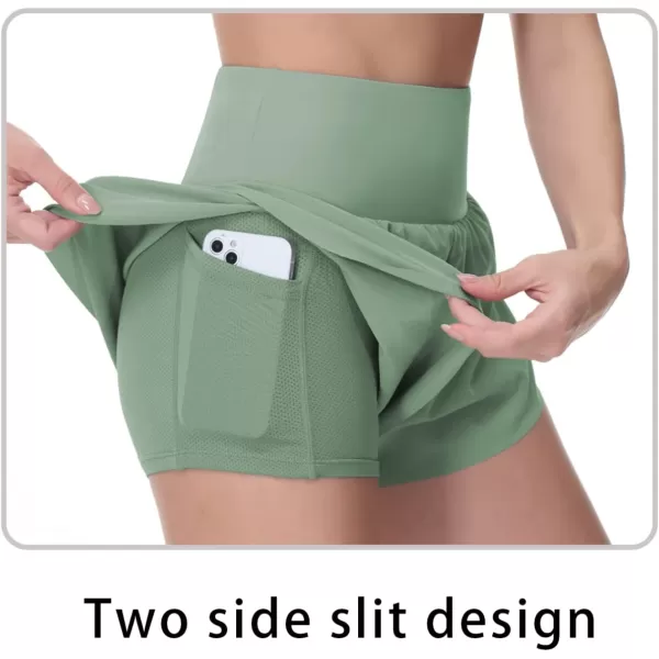 THE GYM PEOPLE Womens Quick Dry Running Shorts Mesh Liner High Waisted Tennis Workout Shorts Zipper PocketsJasmine Green
