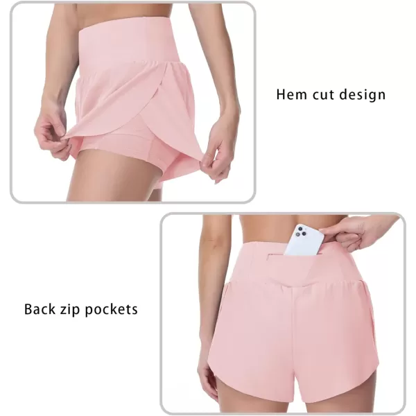 THE GYM PEOPLE Womens Quick Dry Running Shorts Mesh Liner High Waisted Tennis Workout Shorts Zipper PocketsPink