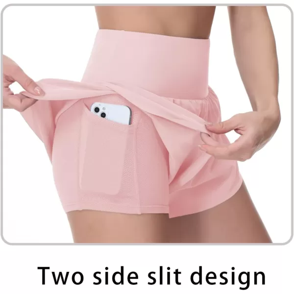 THE GYM PEOPLE Womens Quick Dry Running Shorts Mesh Liner High Waisted Tennis Workout Shorts Zipper PocketsPink