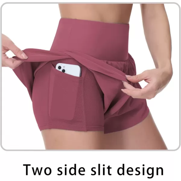 THE GYM PEOPLE Womens Quick Dry Running Shorts Mesh Liner High Waisted Tennis Workout Shorts Zipper PocketsRose Red