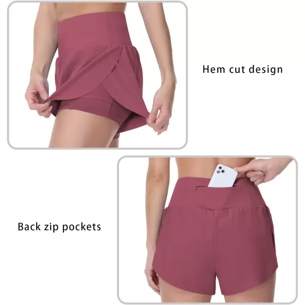 THE GYM PEOPLE Womens Quick Dry Running Shorts Mesh Liner High Waisted Tennis Workout Shorts Zipper PocketsRose Red