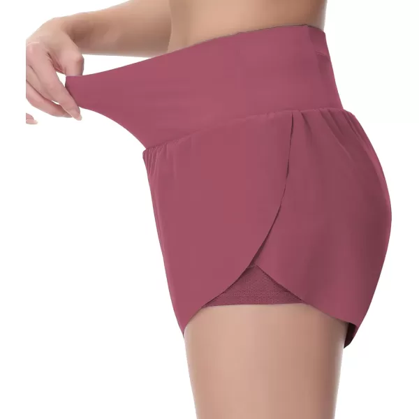 THE GYM PEOPLE Womens Quick Dry Running Shorts Mesh Liner High Waisted Tennis Workout Shorts Zipper PocketsRose Red