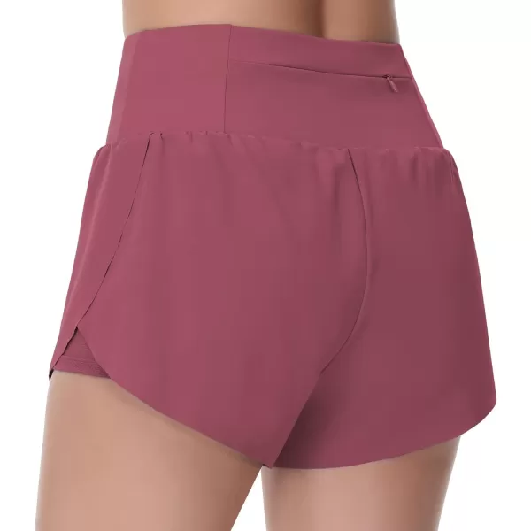 THE GYM PEOPLE Womens Quick Dry Running Shorts Mesh Liner High Waisted Tennis Workout Shorts Zipper PocketsRose Red