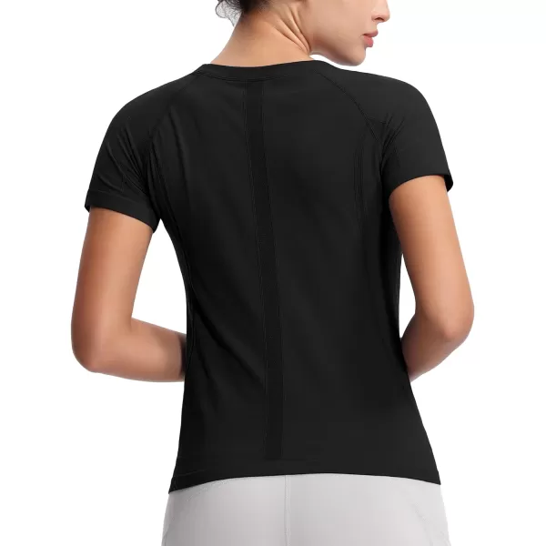 THE GYM PEOPLE Womens Seamless Workout TShirts Short Sleeve Slim Fit Shirts Breathable Running Tee TopsBlack