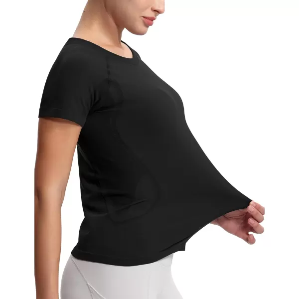 THE GYM PEOPLE Womens Seamless Workout TShirts Short Sleeve Slim Fit Shirts Breathable Running Tee TopsBlack