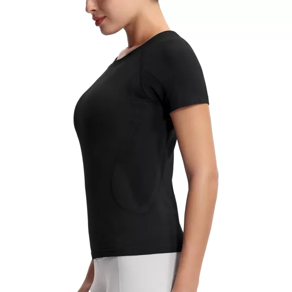 THE GYM PEOPLE Womens Seamless Workout TShirts Short Sleeve Slim Fit Shirts Breathable Running Tee TopsBlack