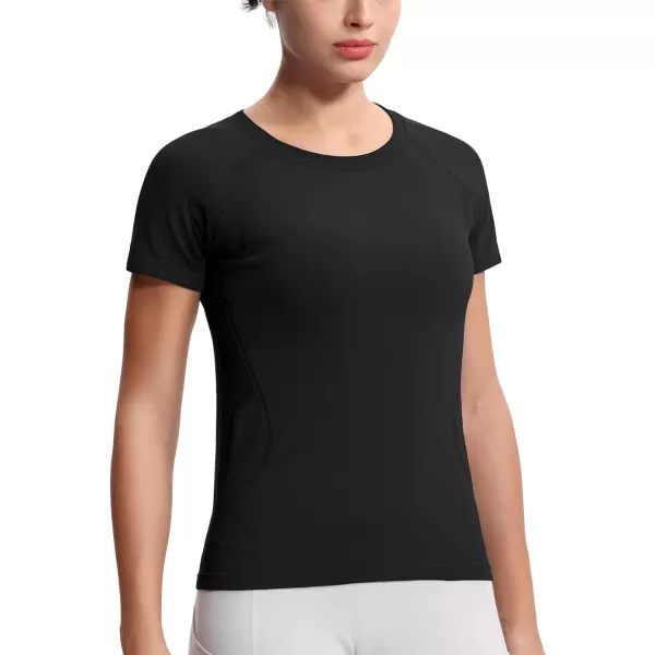 THE GYM PEOPLE Womens Seamless Workout TShirts Short Sleeve Slim Fit Shirts Breathable Running Tee TopsBlack