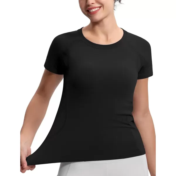 THE GYM PEOPLE Womens Seamless Workout TShirts Short Sleeve Slim Fit Shirts Breathable Running Tee TopsBlack