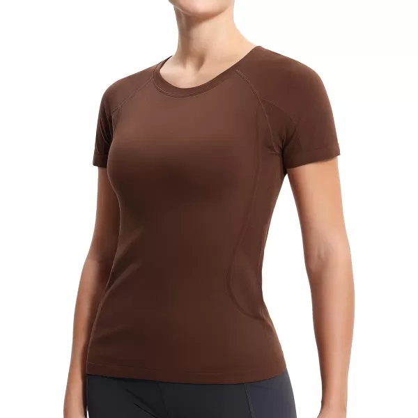 THE GYM PEOPLE Womens Seamless Workout TShirts Short Sleeve Slim Fit Shirts Breathable Running Tee TopsBrown