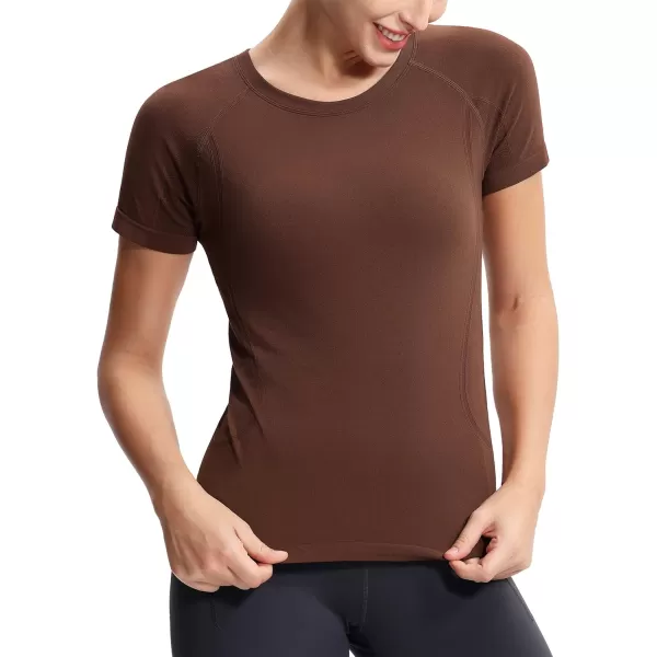 THE GYM PEOPLE Womens Seamless Workout TShirts Short Sleeve Slim Fit Shirts Breathable Running Tee TopsBrown