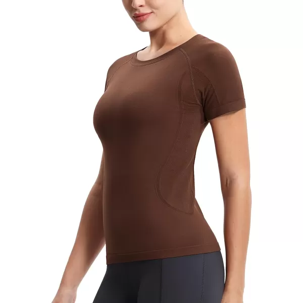THE GYM PEOPLE Womens Seamless Workout TShirts Short Sleeve Slim Fit Shirts Breathable Running Tee TopsBrown