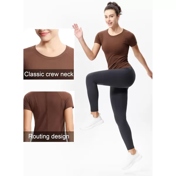 THE GYM PEOPLE Womens Seamless Workout TShirts Short Sleeve Slim Fit Shirts Breathable Running Tee TopsBrown
