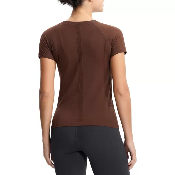 THE GYM PEOPLE Womens Seamless Workout TShirts Short Sleeve Slim Fit Shirts Breathable Running Tee TopsBrown