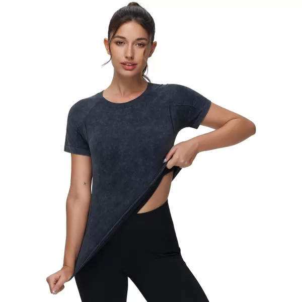 THE GYM PEOPLE Womens Seamless Workout TShirts Short Sleeve Slim Fit Shirts Breathable Running Tee TopsHeather Black