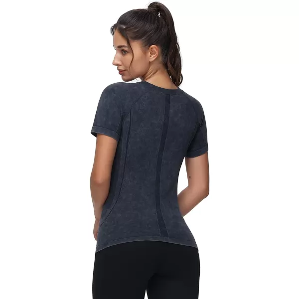 THE GYM PEOPLE Womens Seamless Workout TShirts Short Sleeve Slim Fit Shirts Breathable Running Tee TopsHeather Black