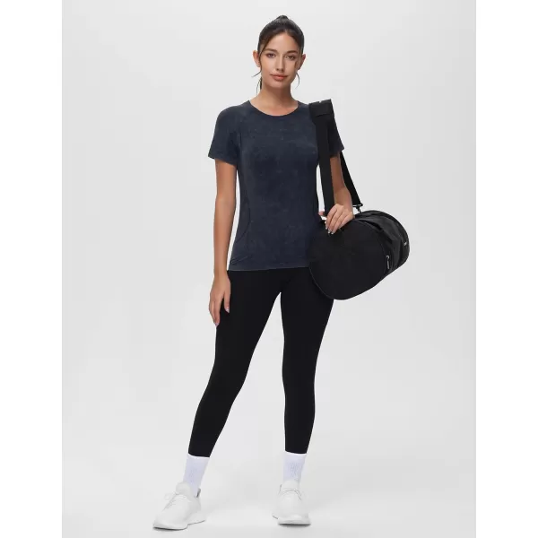 THE GYM PEOPLE Womens Seamless Workout TShirts Short Sleeve Slim Fit Shirts Breathable Running Tee TopsHeather Black