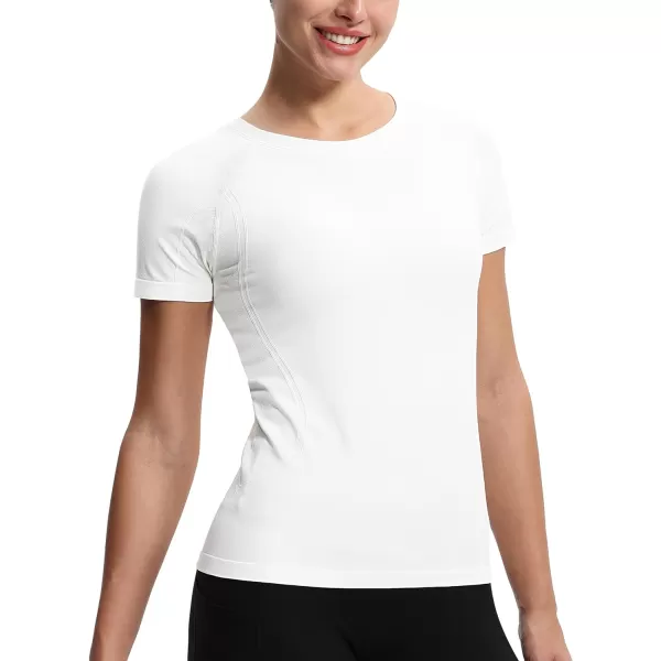 THE GYM PEOPLE Womens Seamless Workout TShirts Short Sleeve Slim Fit Shirts Breathable Running Tee TopsWhite