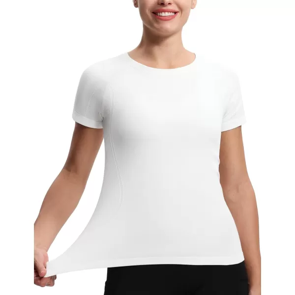 THE GYM PEOPLE Womens Seamless Workout TShirts Short Sleeve Slim Fit Shirts Breathable Running Tee TopsWhite