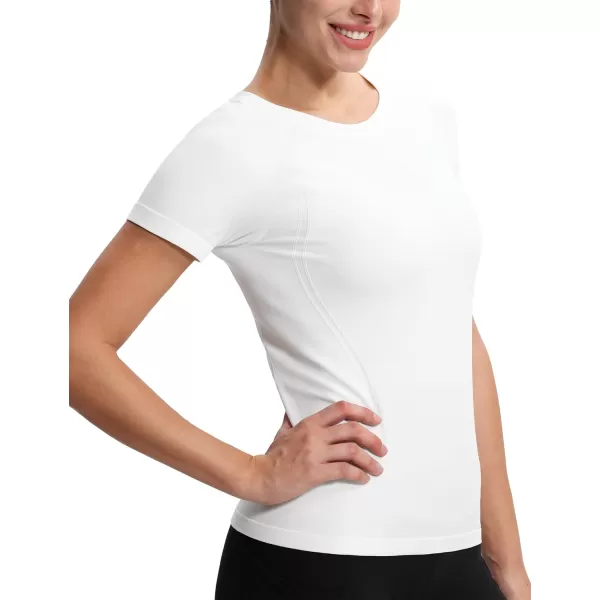 THE GYM PEOPLE Womens Seamless Workout TShirts Short Sleeve Slim Fit Shirts Breathable Running Tee TopsWhite
