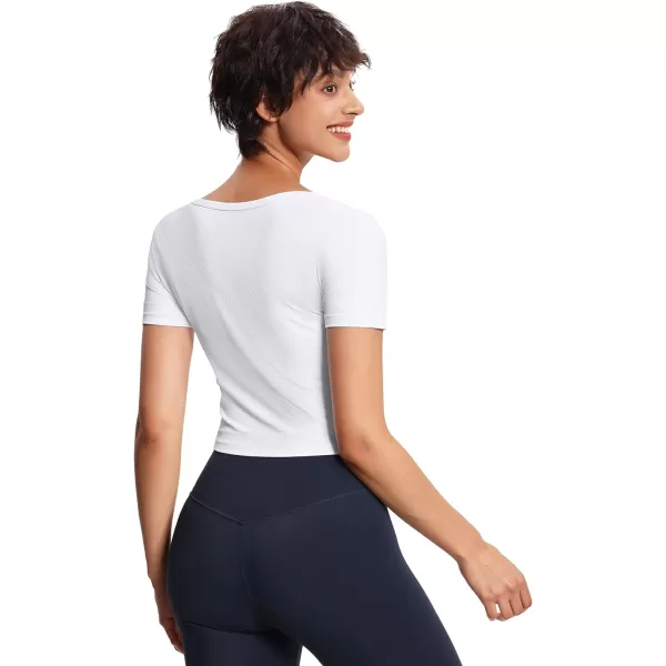 THE GYM PEOPLE Womens Square Neck Crop Tops Short Sleeve Ribbed Ice Silk Fabric Slim fit Workout TShirtWhite