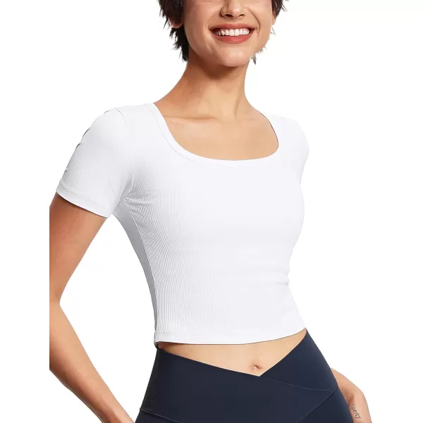 THE GYM PEOPLE Womens Square Neck Crop Tops Short Sleeve Ribbed Ice Silk Fabric Slim fit Workout TShirtWhite