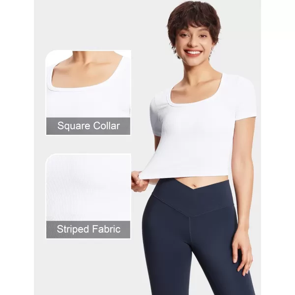 THE GYM PEOPLE Womens Square Neck Crop Tops Short Sleeve Ribbed Ice Silk Fabric Slim fit Workout TShirtWhite