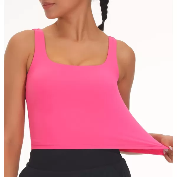 THE GYM PEOPLE Womens Square Neck Longline Sports Bra Workout Removable Padded Yoga Crop Tank TopsBright Pink