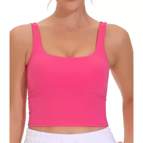 THE GYM PEOPLE Womens Square Neck Longline Sports Bra Workout Removable Padded Yoga Crop Tank TopsBright Pink
