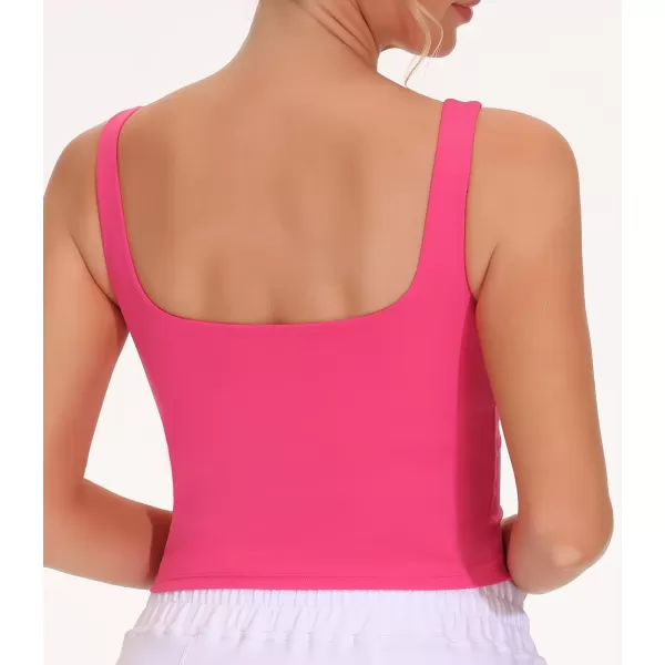 THE GYM PEOPLE Womens Square Neck Longline Sports Bra Workout Removable Padded Yoga Crop Tank TopsBright Pink