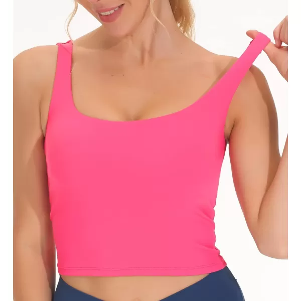 THE GYM PEOPLE Womens Square Neck Longline Sports Bra Workout Removable Padded Yoga Crop Tank TopsBright Pink