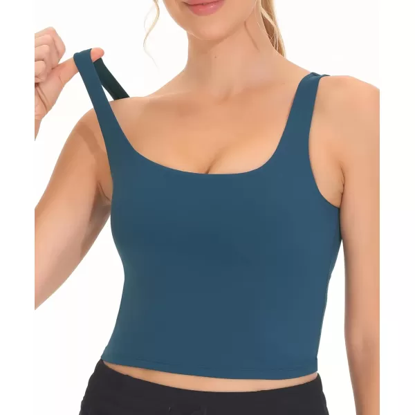THE GYM PEOPLE Womens Square Neck Longline Sports Bra Workout Removable Padded Yoga Crop Tank TopsDark Blue Green