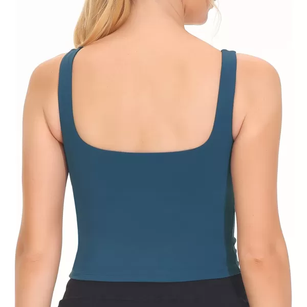THE GYM PEOPLE Womens Square Neck Longline Sports Bra Workout Removable Padded Yoga Crop Tank TopsDark Blue Green