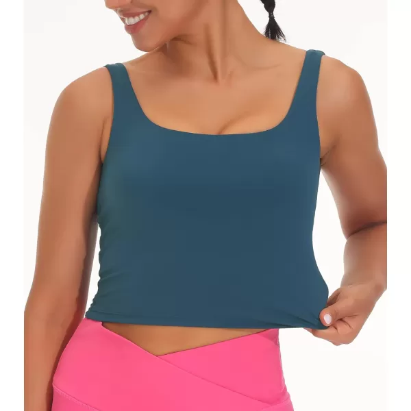 THE GYM PEOPLE Womens Square Neck Longline Sports Bra Workout Removable Padded Yoga Crop Tank TopsDark Blue Green