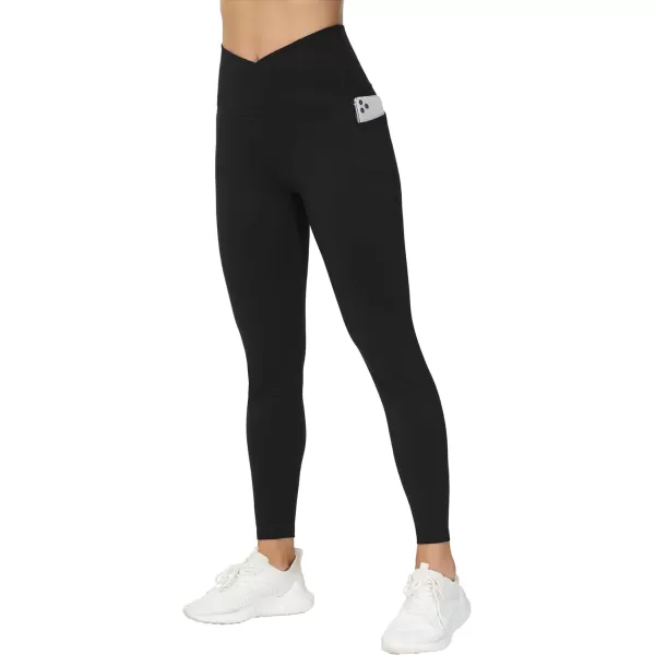 THE GYM PEOPLE Womens V Cross Waist Workout Leggings with Tummy Control and PocketsBlack