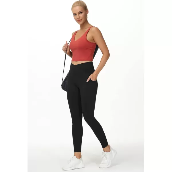 THE GYM PEOPLE Womens V Cross Waist Workout Leggings with Tummy Control and PocketsBlack