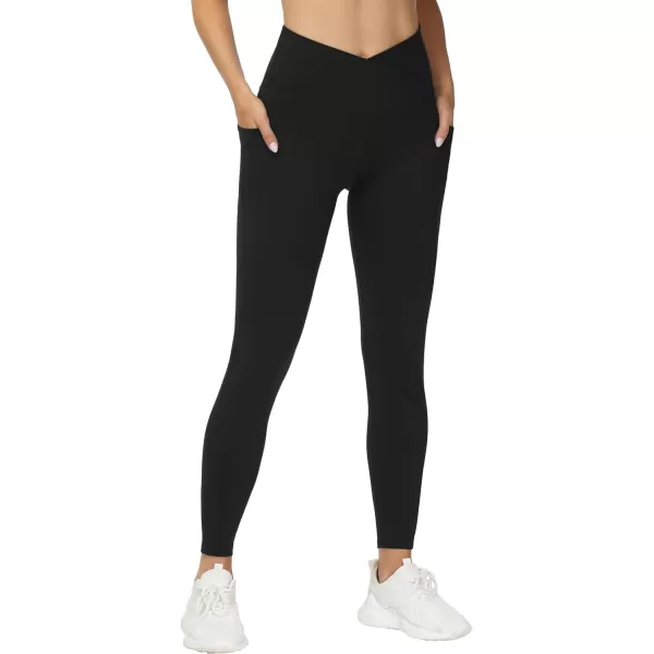 THE GYM PEOPLE Womens V Cross Waist Workout Leggings with Tummy Control and PocketsBlack