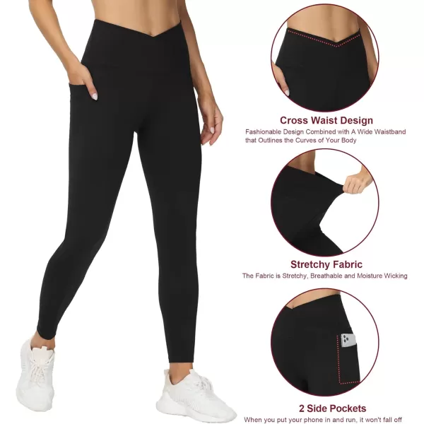 THE GYM PEOPLE Womens V Cross Waist Workout Leggings with Tummy Control and PocketsBlack