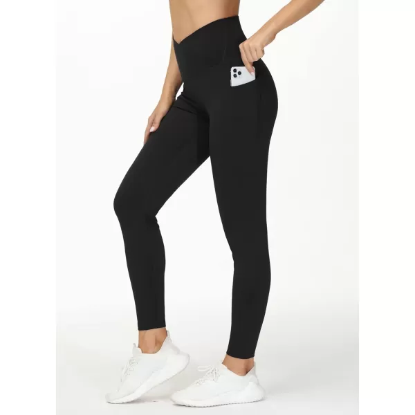 THE GYM PEOPLE Womens V Cross Waist Workout Leggings with Tummy Control and PocketsBlack