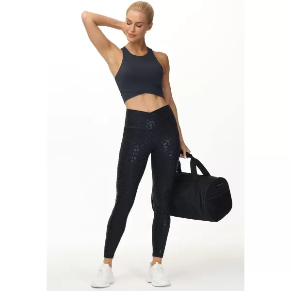 THE GYM PEOPLE Womens V Cross Waist Workout Leggings with Tummy Control and PocketsBlack Leopard
