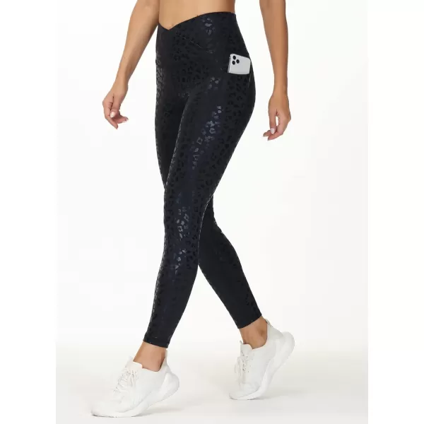 THE GYM PEOPLE Womens V Cross Waist Workout Leggings with Tummy Control and PocketsBlack Leopard