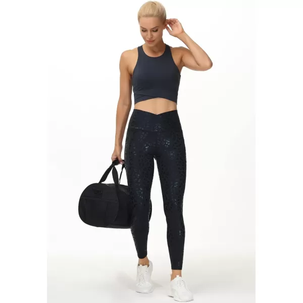 THE GYM PEOPLE Womens V Cross Waist Workout Leggings with Tummy Control and PocketsBlack Leopard