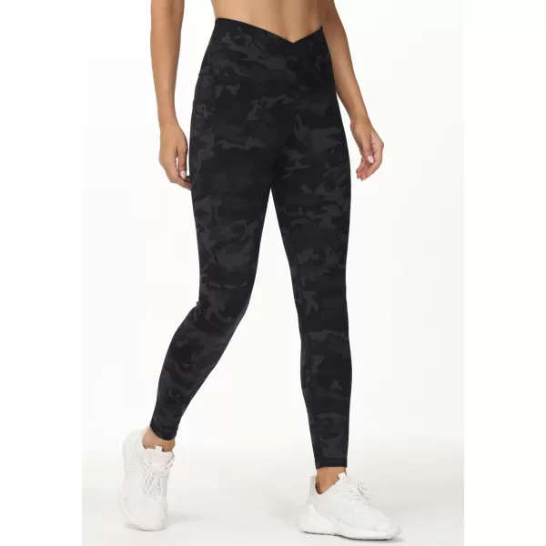 THE GYM PEOPLE Womens V Cross Waist Workout Leggings with Tummy Control and PocketsBlackgrey Camo
