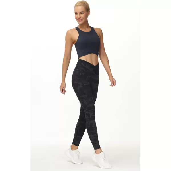 THE GYM PEOPLE Womens V Cross Waist Workout Leggings with Tummy Control and PocketsBlackgrey Camo