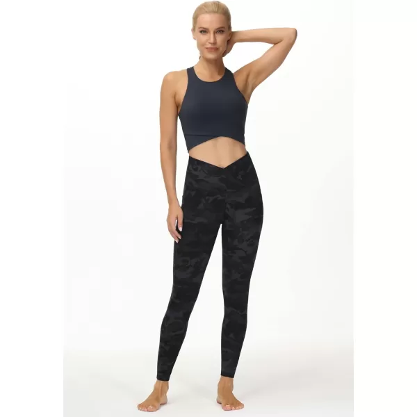 THE GYM PEOPLE Womens V Cross Waist Workout Leggings with Tummy Control and PocketsBlackgrey Camo