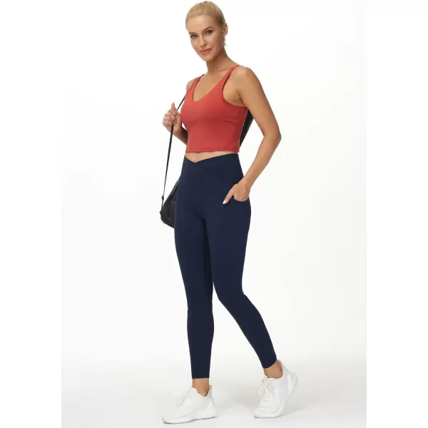 THE GYM PEOPLE Womens V Cross Waist Workout Leggings with Tummy Control and PocketsBlue